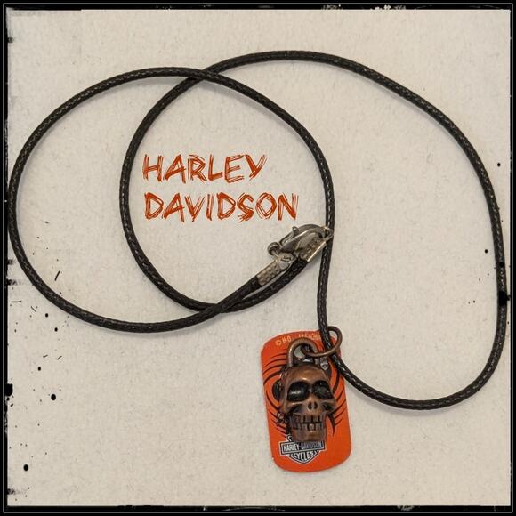 Harley Davidson Dog Tag and Skull Necklace on Black Leather Cord - Picture 1 of 3